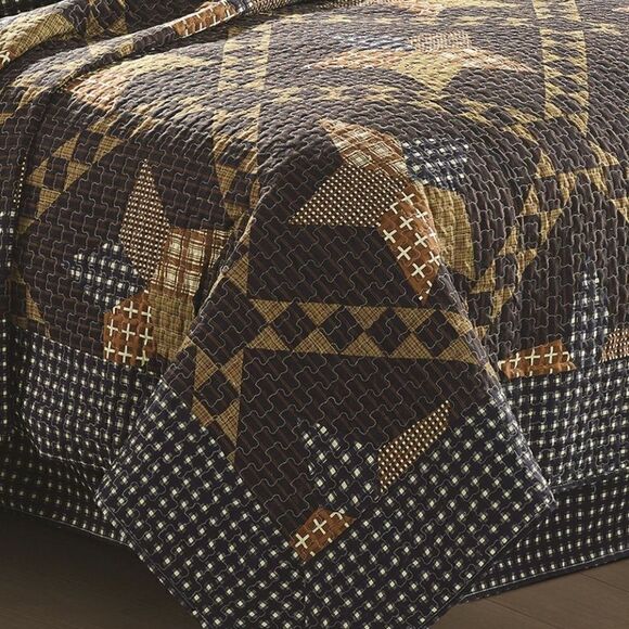 Farmhouse Black Brown Primitive Star Country Printed QUEEN Quilt Set Reversible - Picture 2 of 4